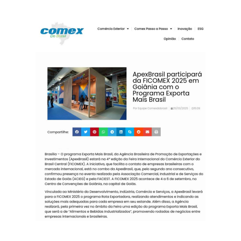 Leia mais sobre o artigo ApexBrasil participará da FICOMEX 2025 em Goiânia com o Programa Exporta Mais Brasil